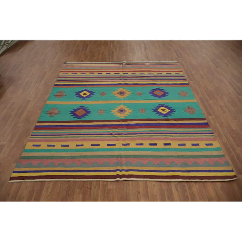 Hand Woven Oriental 100% Wool Carpet Southwestern Tribal Multi-Colored Kilim Area Rug - 9' 7'' X 7' 11''