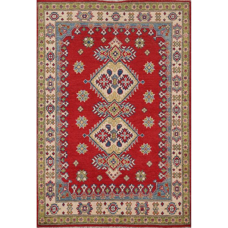 Red Geometric Kazak Accent Rug Hand-Knotted Wool Carpet - 3'5" x 4'10"