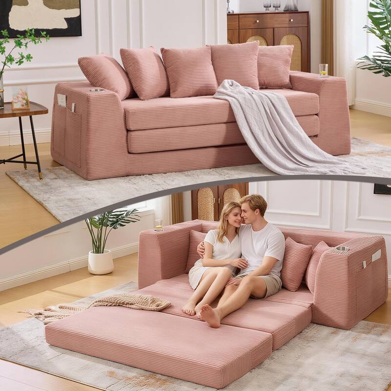 2-in-1 Convertible Corduroy Sofa Bed Folding Sleeper Loveseat Couch Full Floor Bed with Pillows, Storage Pockets and Cup Holders