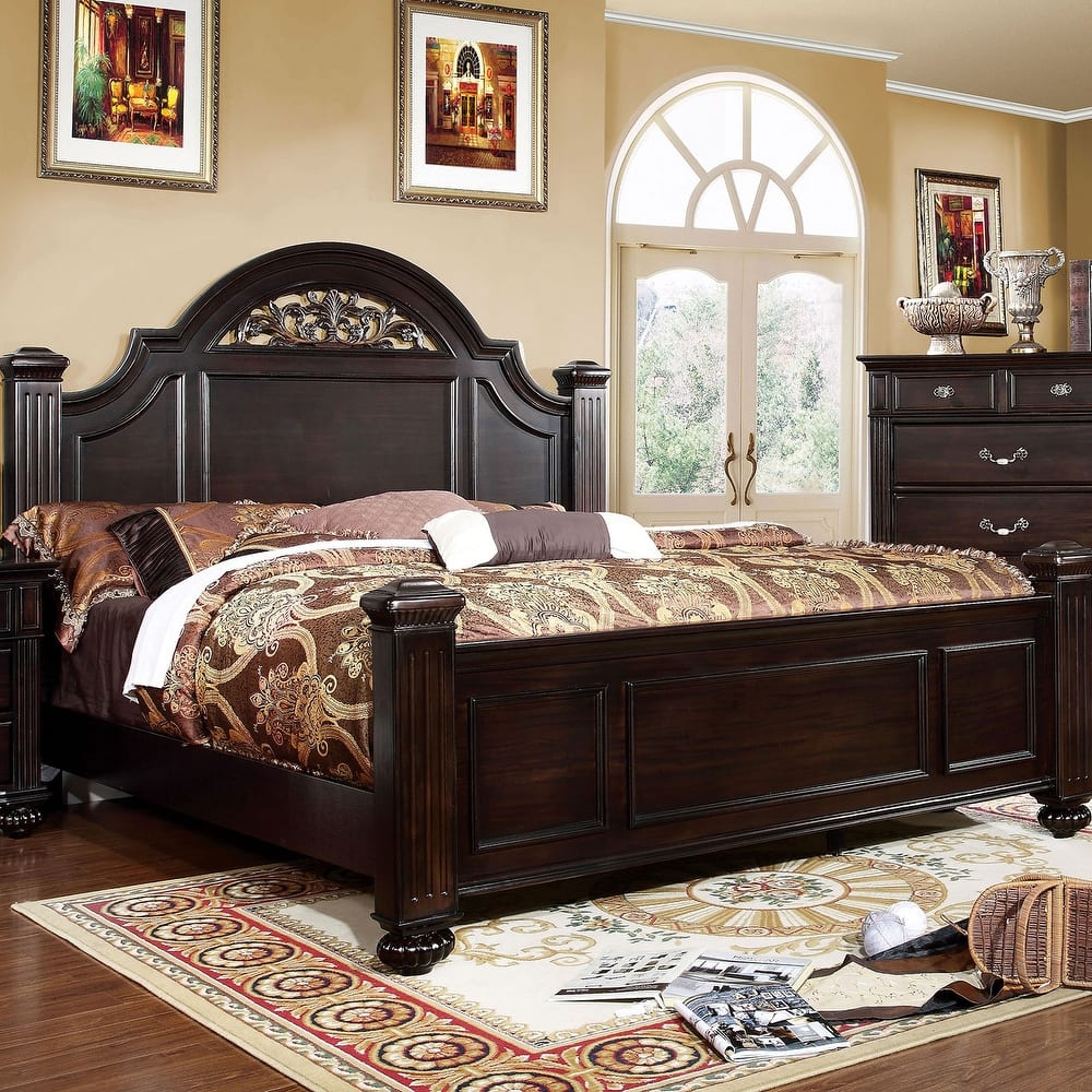 Wooden Bed With Floral Design in Headboard, Dark Walnut