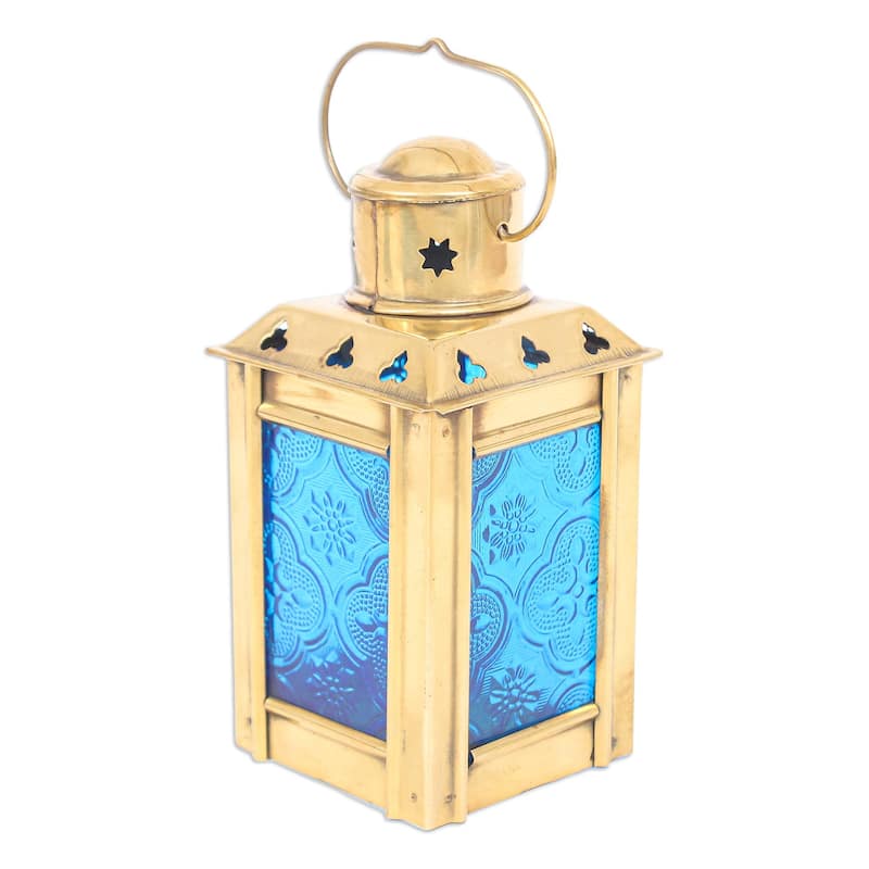 Novica Handmade Lantern In Blue Glass And Brass Tealight Holder