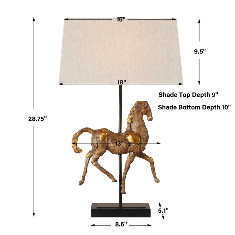 Horse Sculpture Table Lamp, Beige Linen Shade, 29 Inch Black Iron