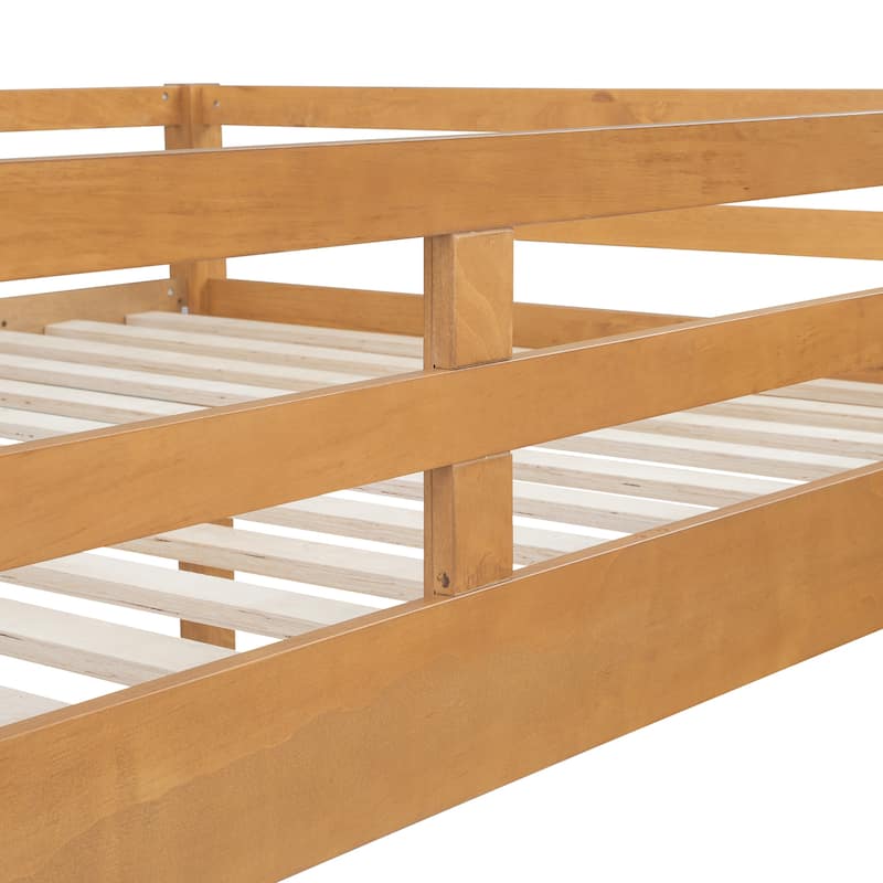 Wooden Queen Size Bunk Bed, Solid Pine Queen over Queen Bunk Bed Frame with Built In Ladder and Full Length Guardrail