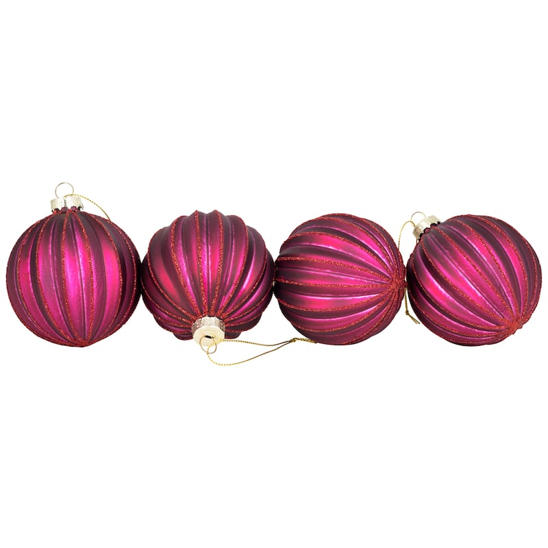 Ribbed Glittered Glass Ball Christmas Ornaments - 3" (75mm) - Maroon - 4ct