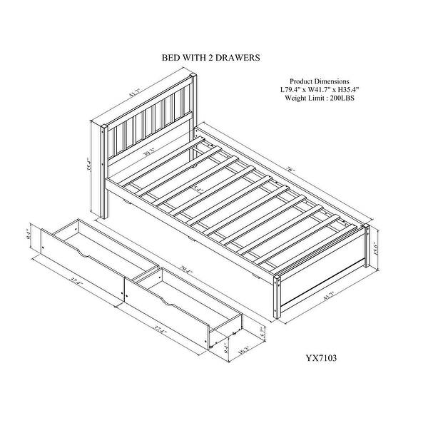 Twin Size Wooden Platform Bed with Two Underbed Storage Drawers, Durable Rubberwood Frame