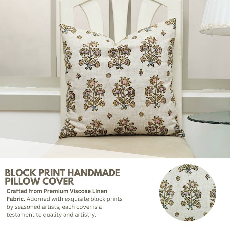 Fabdivine Floral Accent Linen Green Cushion Cover for Rustic Chairs or Bohemian Home Décor 26x26 Inch Farmhouse, Sadabahar