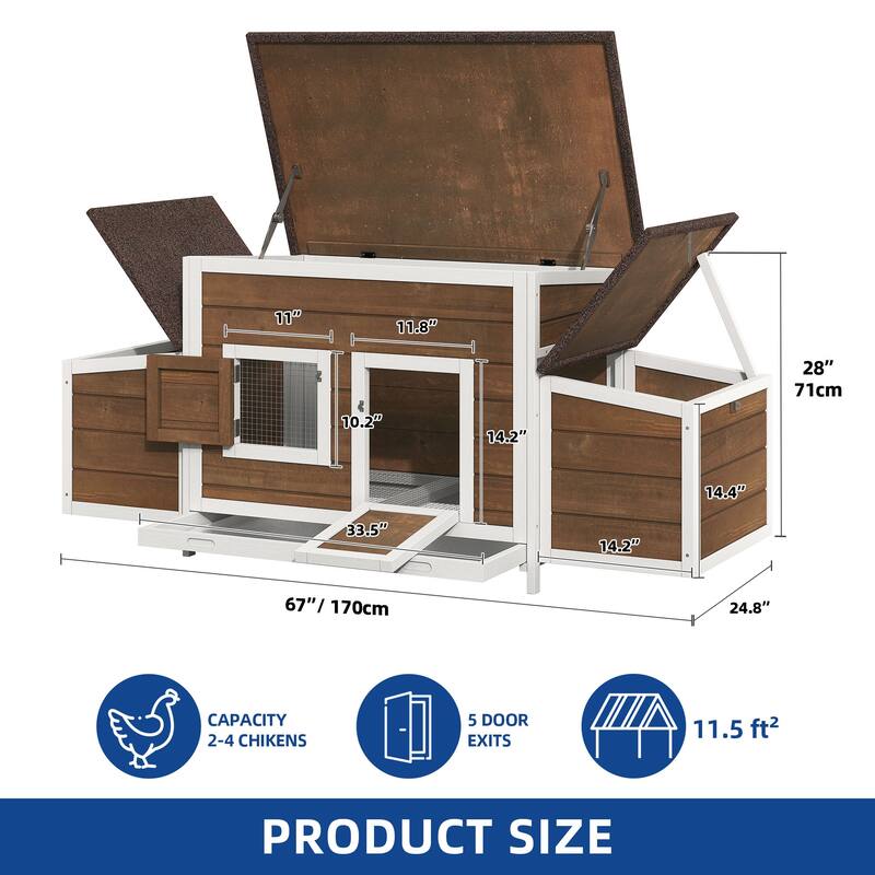 Outdoor Wooden Chicken Coop Hen House with Nesting Box and Run Poultry Cage-66.92"L x 24.8"W x 27.95"H - Brown
