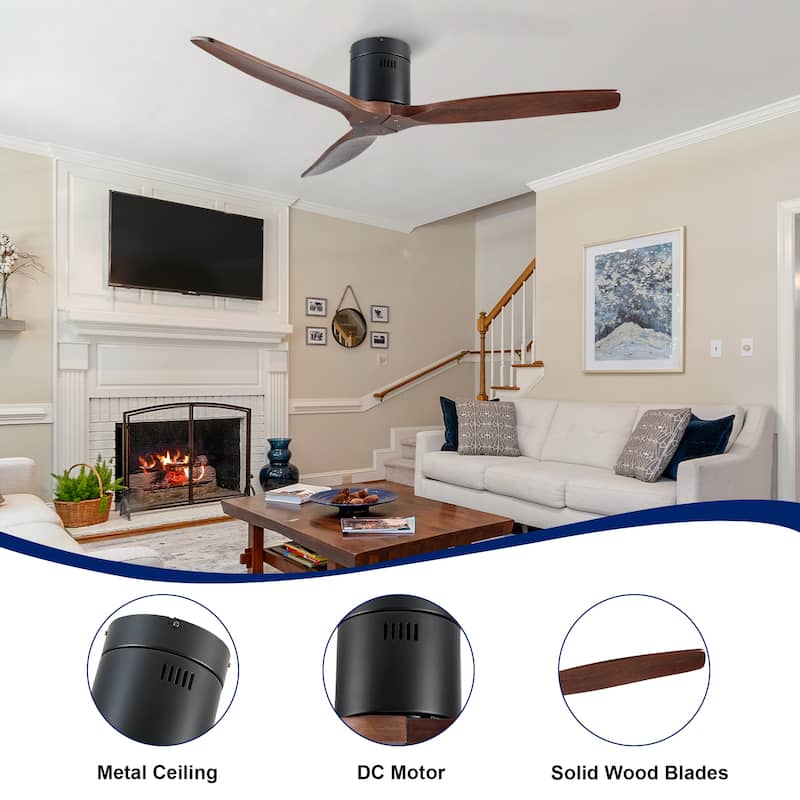 52In. Farmhouse Indoor Flush Mount Low Profile Ceiling Fan with Solid Wood Blades and Remote Control