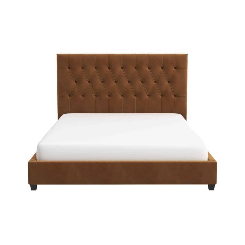 Queen Platform Bed with Plush Cognac Velvet Upholstery, Mid Century Modern Design, Tufted Elongated Headboard, Solid Wood Legs