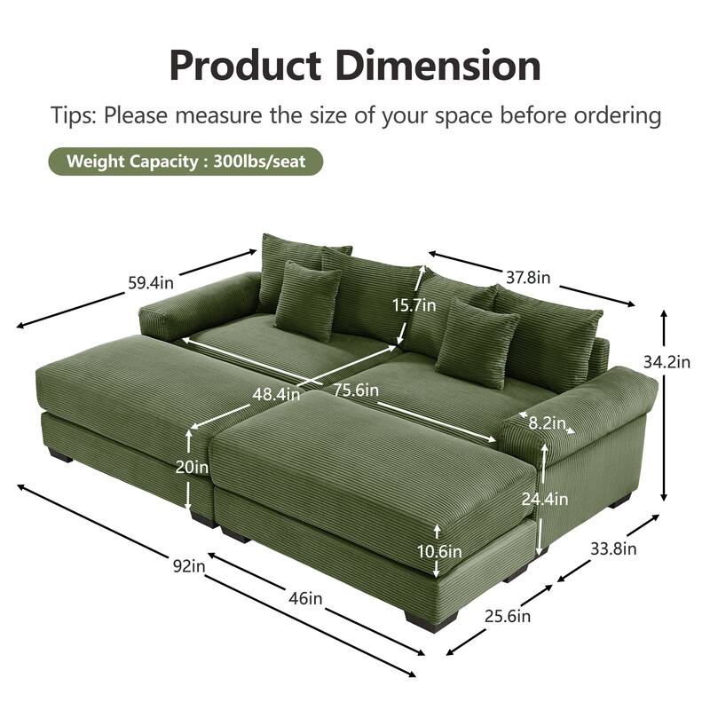 Sectional Couch with 2 Movable Ottomans, 92" Corduroy Couches for Living Room, Upholstered Sofa Couch with Deep Seat for Bedroom