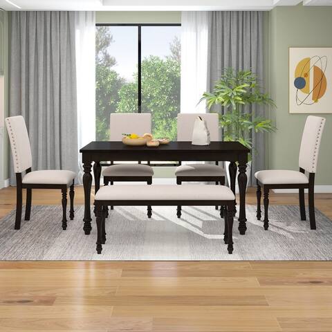 6-Piece Wood Dining Set with 4 Upholstered Chairs&Table&Bench for Dining Room