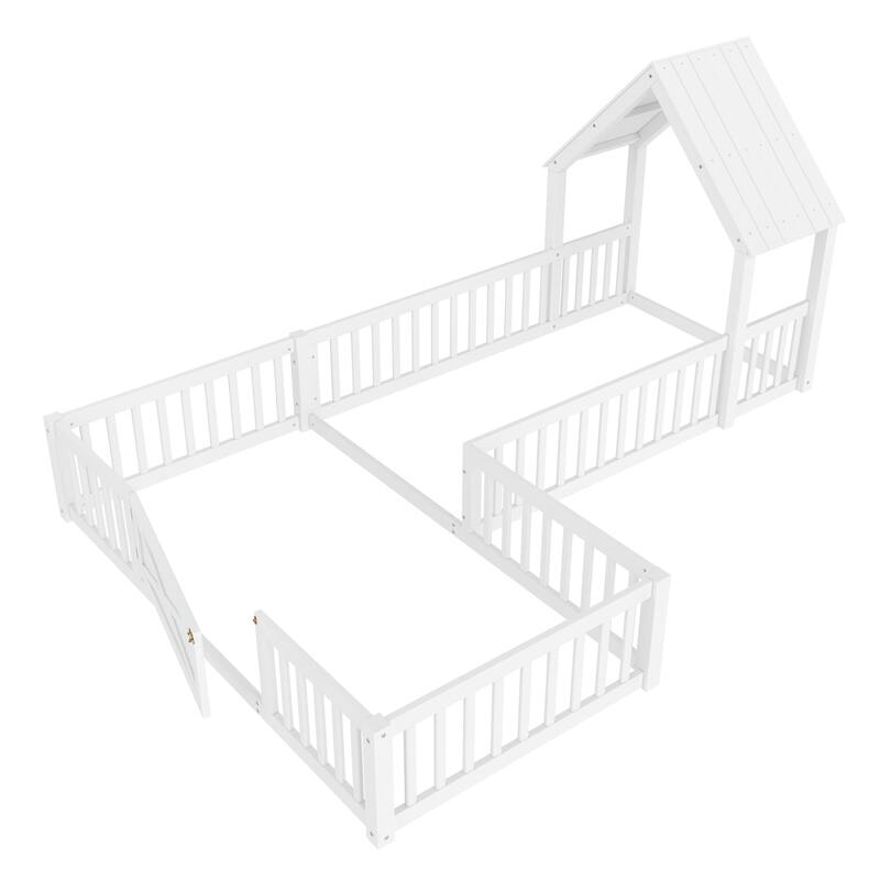 Twin Size House Floor Bed, Double Twin Floor Bed with Door and Full-length Guardrails, Multi-function Design