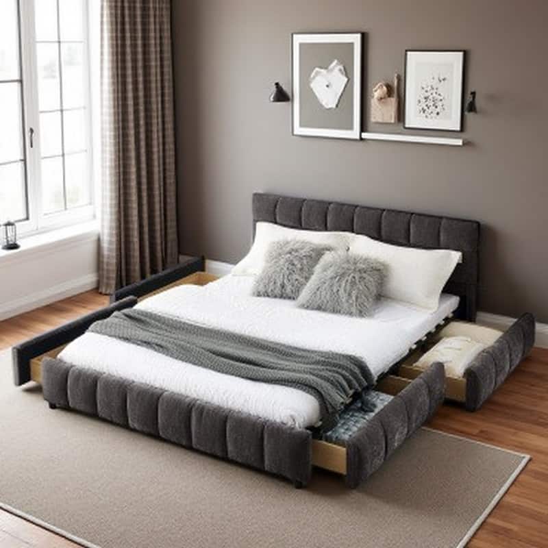 Queen Size Upholstered Bed with Storage Drawers, Soft Chenille Fabric Frame, Modern Platform Bed with Headboard - Dark Gray