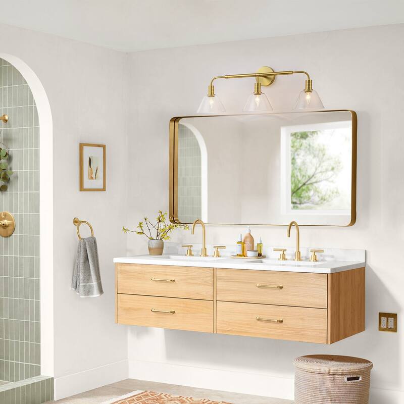 3-Light Modern Brass Bathroom Vanity Light with Clear Glass Shades - Gold Finish Wall Sconce for Bathroom Mirror - 3 Light