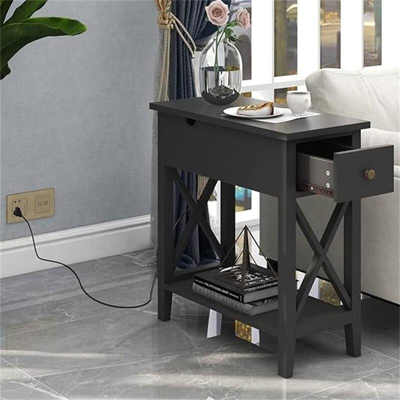 End Table with Flip Top and Charging Station - Black With Power Outlets