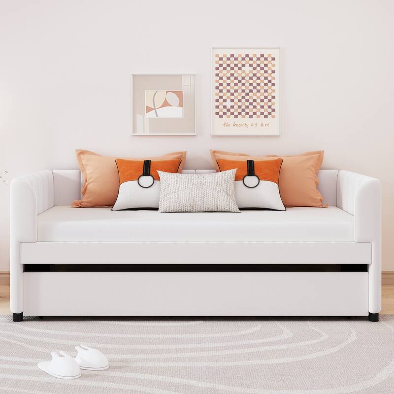 Twin Size Daybed Velvet Upholstered Sofa Bed with Trundle, Wood Platform Slat Support Bed Frame, Striped Tufted Backrest,Beige