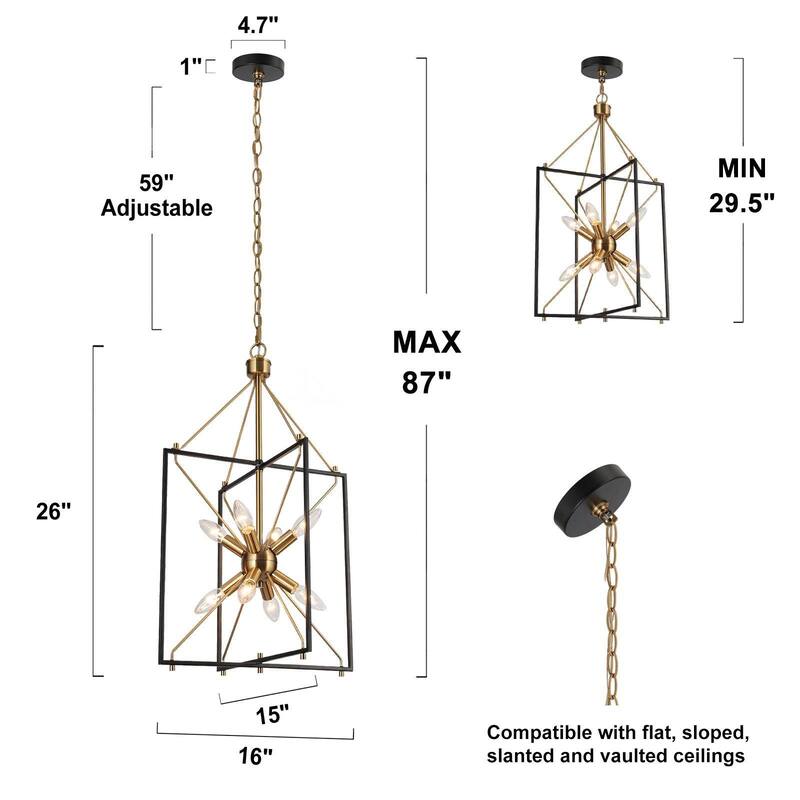 Modern 8-Light Black Gold Starburst Chandelier Metal Pendant Lights for Dining Room - 16" L x 15" W x 26" H