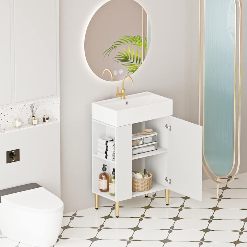 Small Bathroom Vanity with Sink, Narrow Depth Bathroom Vanities, Bathroom Cabinet with Open Side Shelves & Soft Closing Door