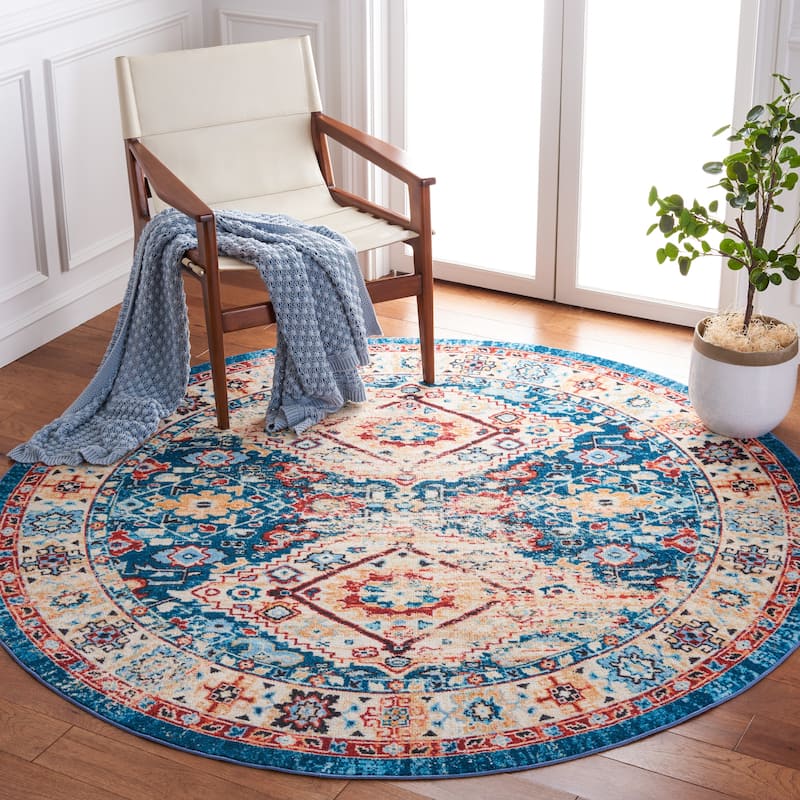 SAFAVIEH Riviera Machine Washable Slip Resistant Vertie Oriental Rug - 6'7" Round - Blue/Gold