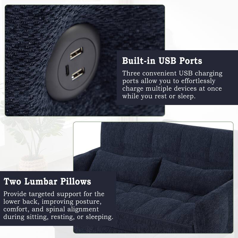 52.8" Loveseat Pull-Out Sleeper Sofa Bed with Adjustable Backrest, USB Ports and Pillows, Tufted Chenille Sofa