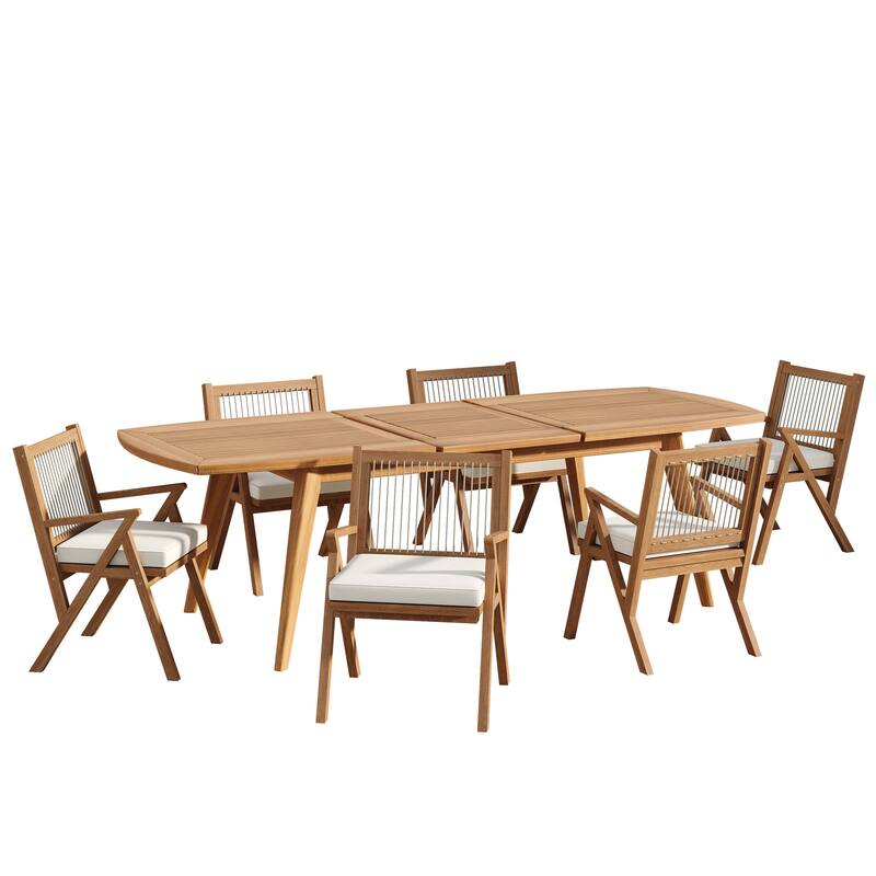 Roomfitters Outdoor Expandable Dining Set 7 Piece Acacia Wood Table Rope Woven Chairs, 71-95 Inch, Teak Grey - Cream+Grey,Teak