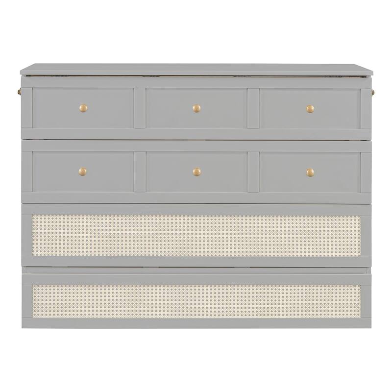 Full Size Murphy Bed Hidden Cabinet Bed with Drawer Underneath and Rattan Patterned, Clever Space Utilization Classic Grey