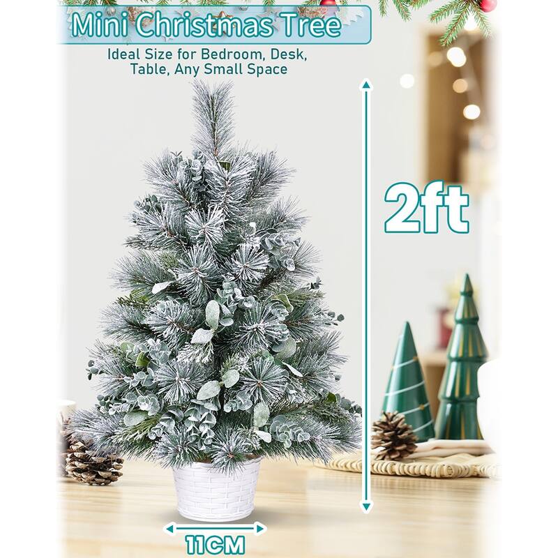 Mini Flocked Tabletop Christmas Tree - Eucalyptus & Pine Needle Accents, Plastic Cement Base, Desk/Mantel Decor - White+Green