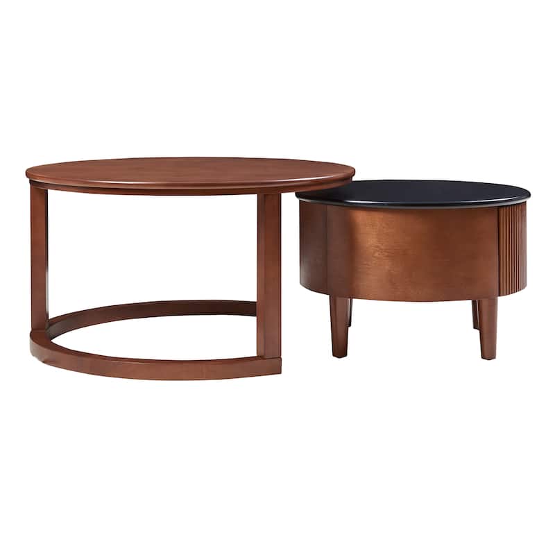 Vintage Round Nesting Coffee Table Fluted with Drawer in Black & Walnut in 31.5''