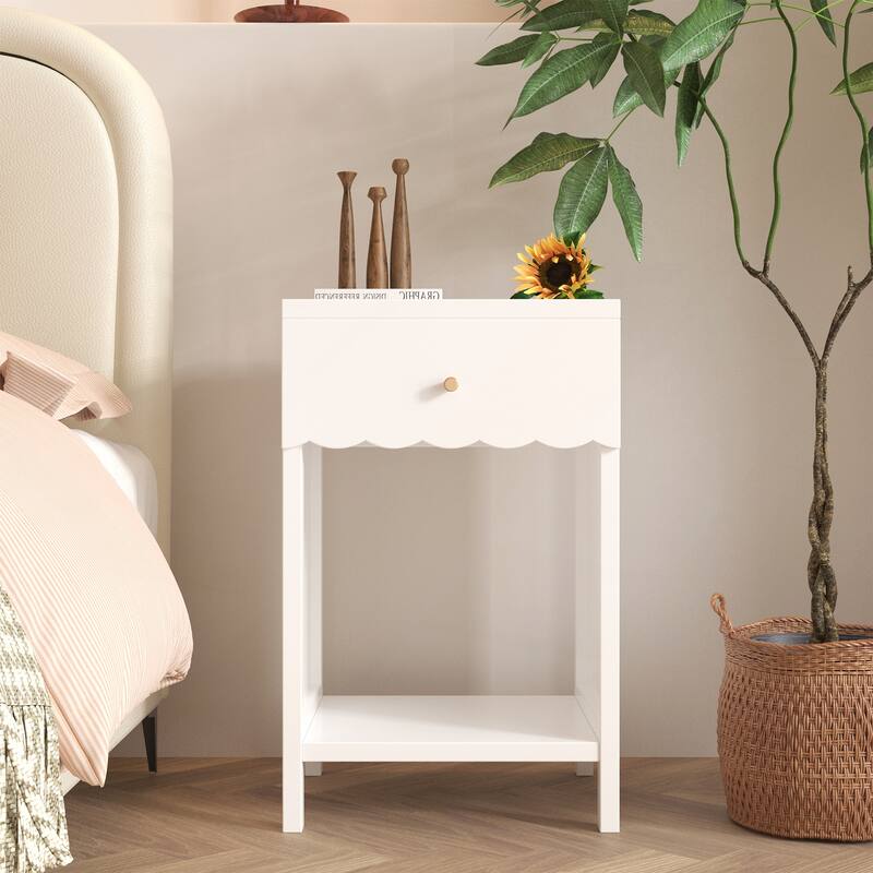 Modern White Nightstand with Drawer and Open Shelf for Bedroom