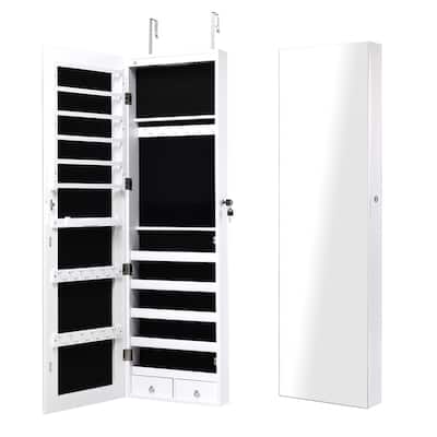 LED Lights Wall and Door Mounted Jewelry Storage Lockable Cabinet with Full Length Mirror - 14" x 4" x 54.5" (L x W x H)