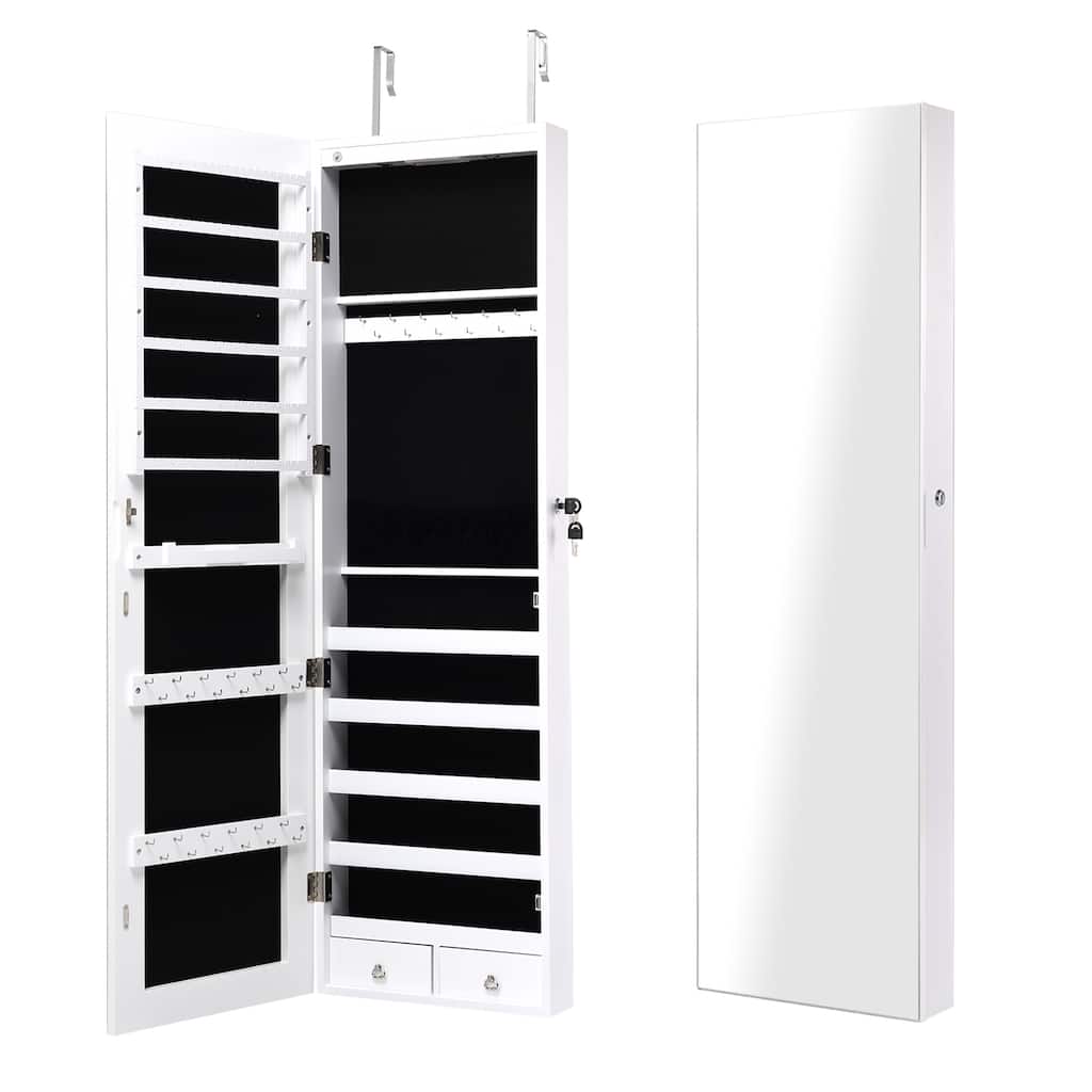 LED Lights Wall and Door Mounted Jewelry Storage Lockable Cabinet with Full Length Mirror - 14" x 4" x 54.5" (L x W x H)