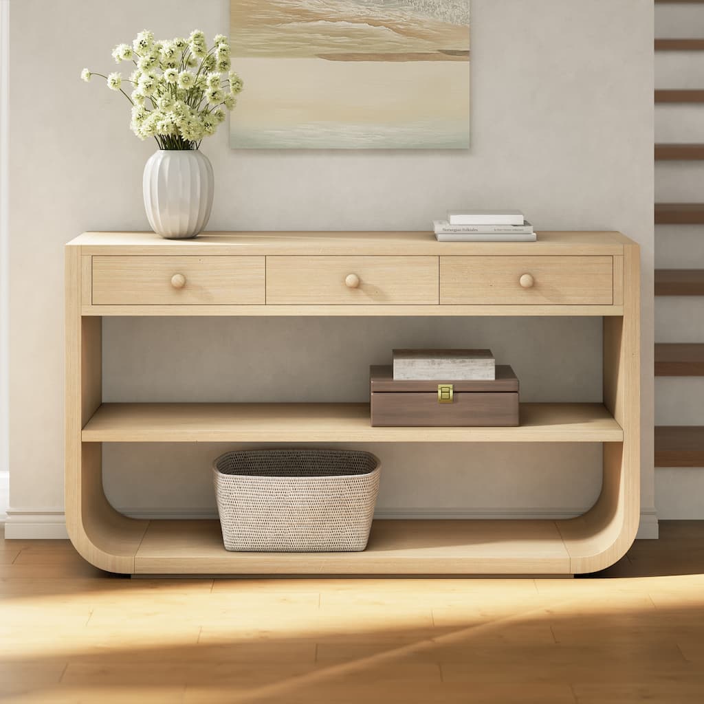 Modern Curved Console Table Sofa Table with 3 Drawers, Entryway Table Natural Hallway Table with 2 Open Shelves
