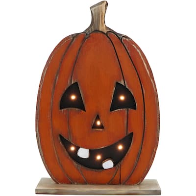 Haunted Hill Farm 18-In. Tall Pumpkin Battery-Operated Wooden Centerpiece with Lights and Timer