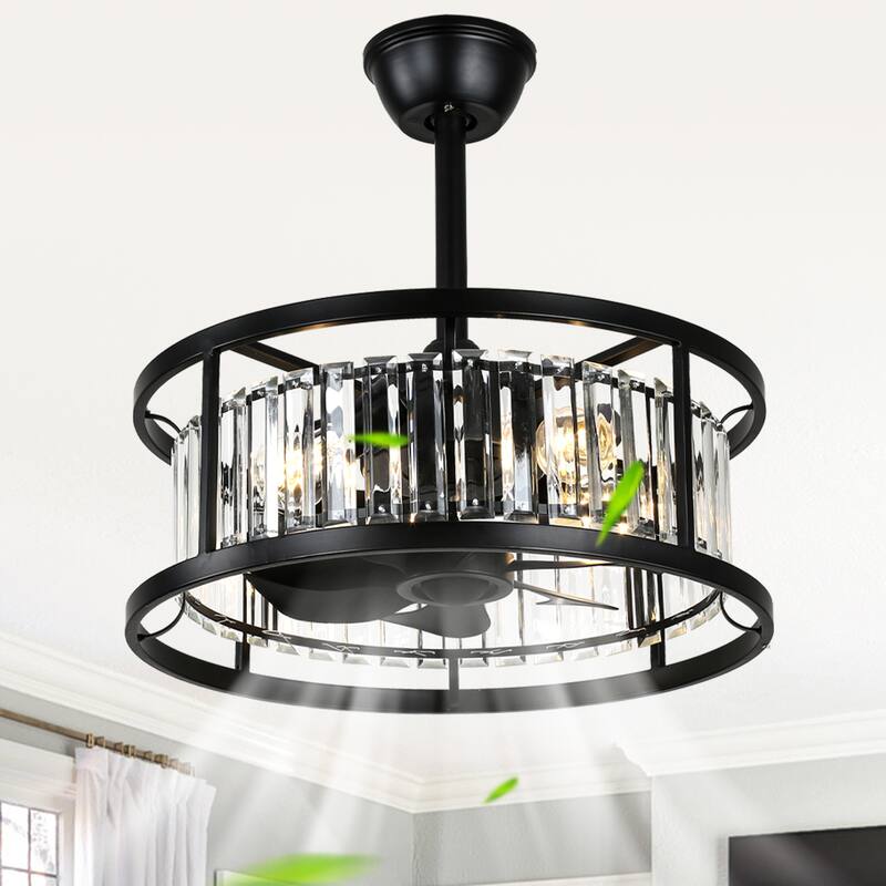 Cusp Barn 20" Black Crystal Caged Ceiling Fan with Light and Remote, Modern 8-Blade Fandelier, DC Motor Reversible Ceiling Fan