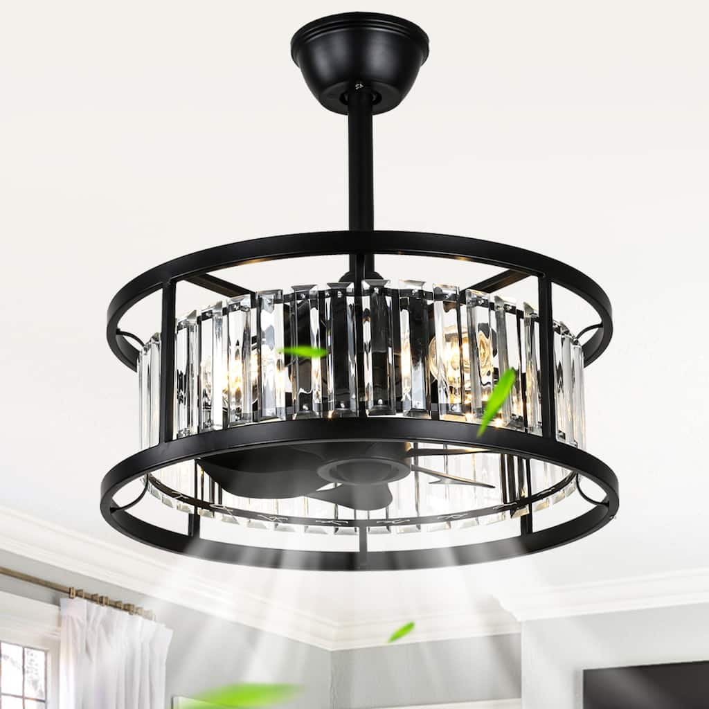 Cusp Barn 20" Black Crystal Caged Ceiling Fan with Light and Remote, Modern 8-Blade Fandelier, DC Motor Reversible Ceiling Fan