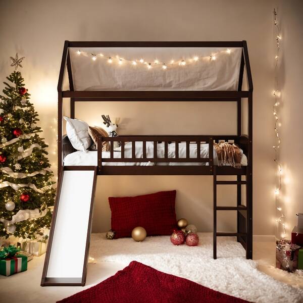 slide 2 of 27, Twin Size Elegant Loft Bed House Bed With Slide,Sturdy Construction And Maximized Space Saving Espresso