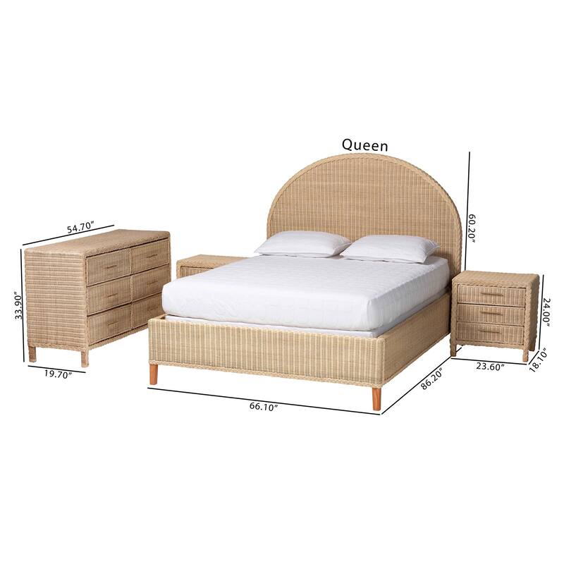 Lanica Japandi Sun-Bleached Braided Rattan Queen Size 4-Piece Bedroom Set
