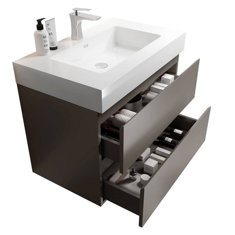 GDFStudio - Naomi Modern Floating Bathroom Vanity with Soft-Close Drawers and Pre-Assembled One-Piece Sink Basin