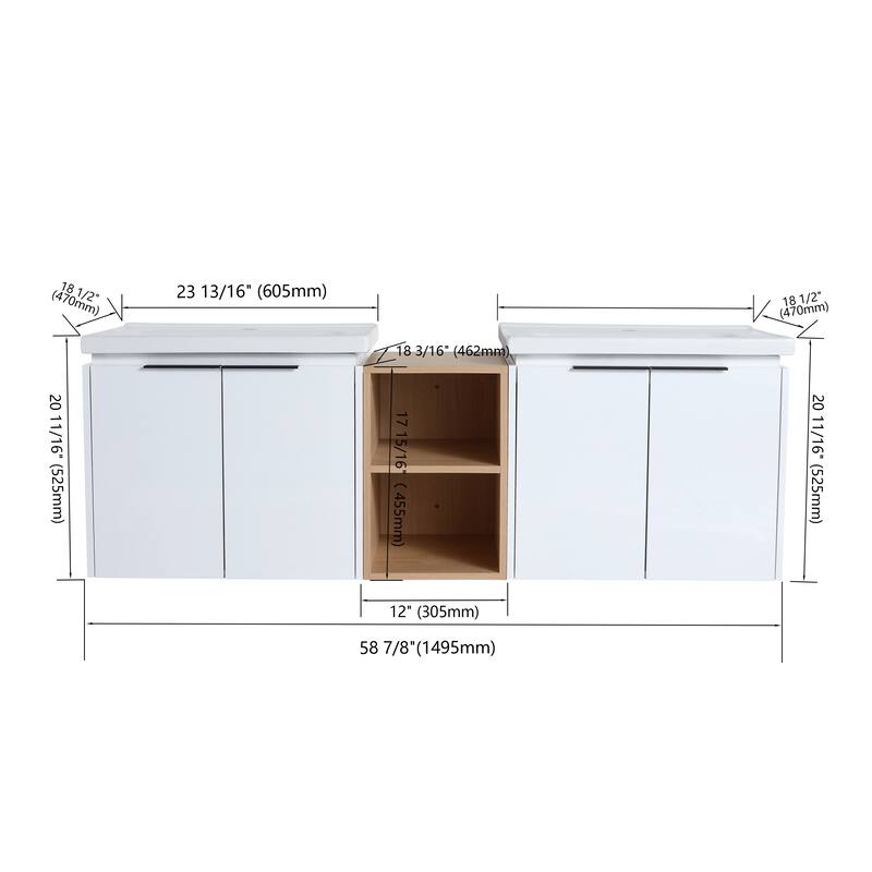 Wall-Mounted Vanity with Double Ceramic Basins, Soft-Close Doors, Metal Handles, and Ample Storage Space - 59.6in L Plywood