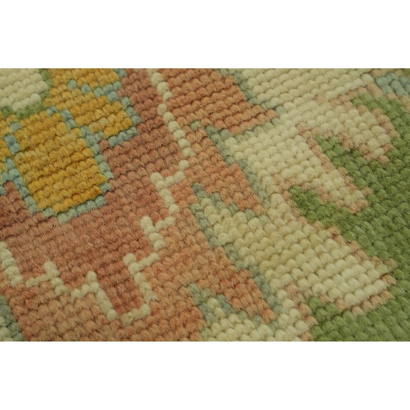 Floral Green Oushak Vegetable Dye Large Rug, Floral Geometric Carpet - 14' 10'' X 11' 10''