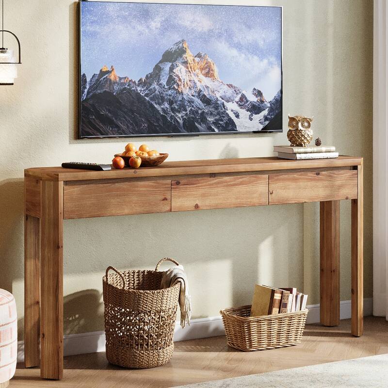 63 Inch Solid Wood Console Table with 3 Drawers, Sofa Table Behind the Couch, Farmhouse Style - 11.81" D x 62.99" W x 31.5" H