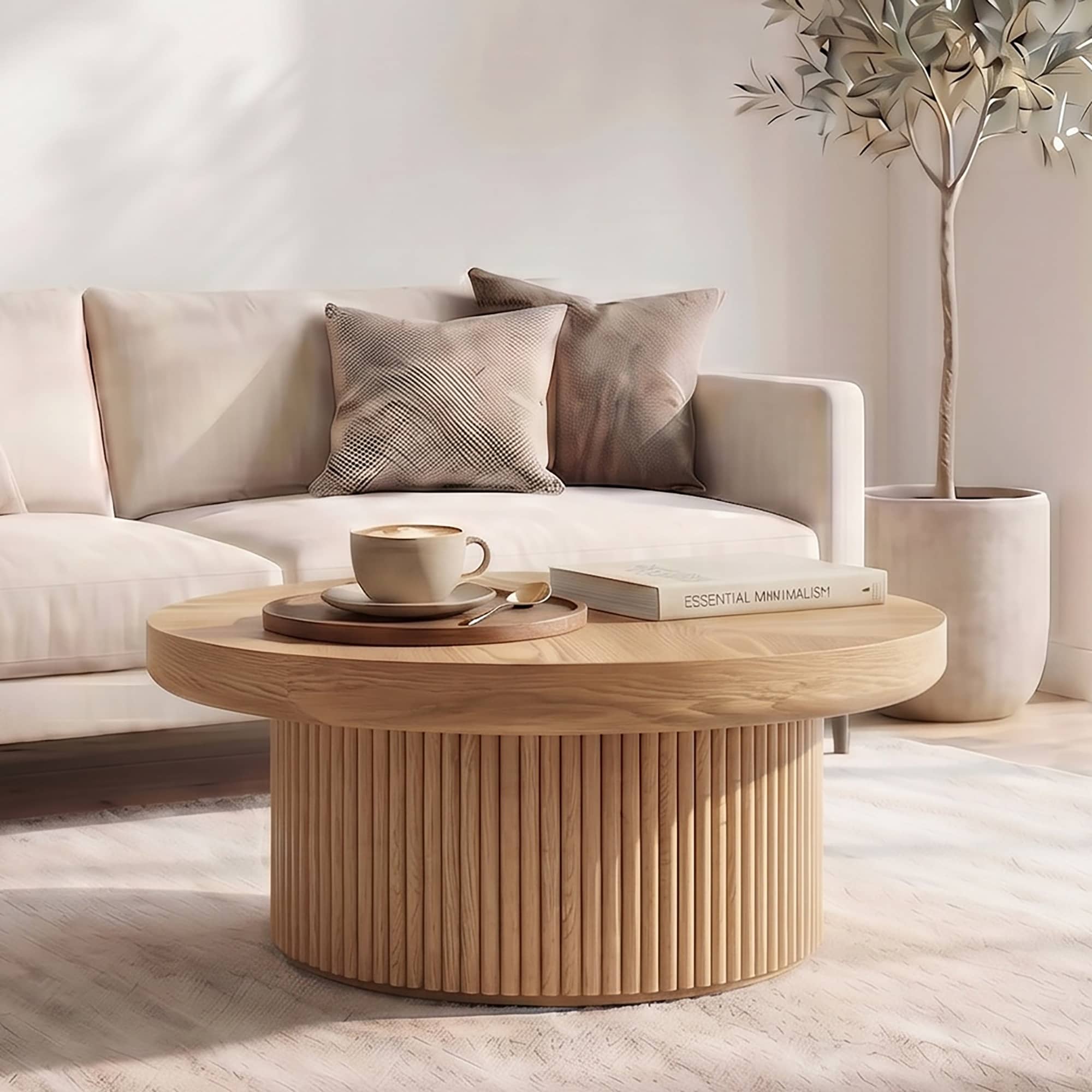 Round Fluted Coffee Table with Real Wood Parquet Top and Thickened Pedestal Base by GDFStudio