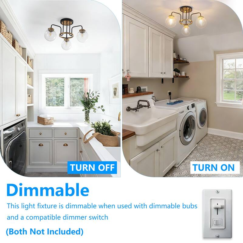 Modern 3-Light Black Gold Semi-Flush Mount Glass Ceiling Light - Matte Black