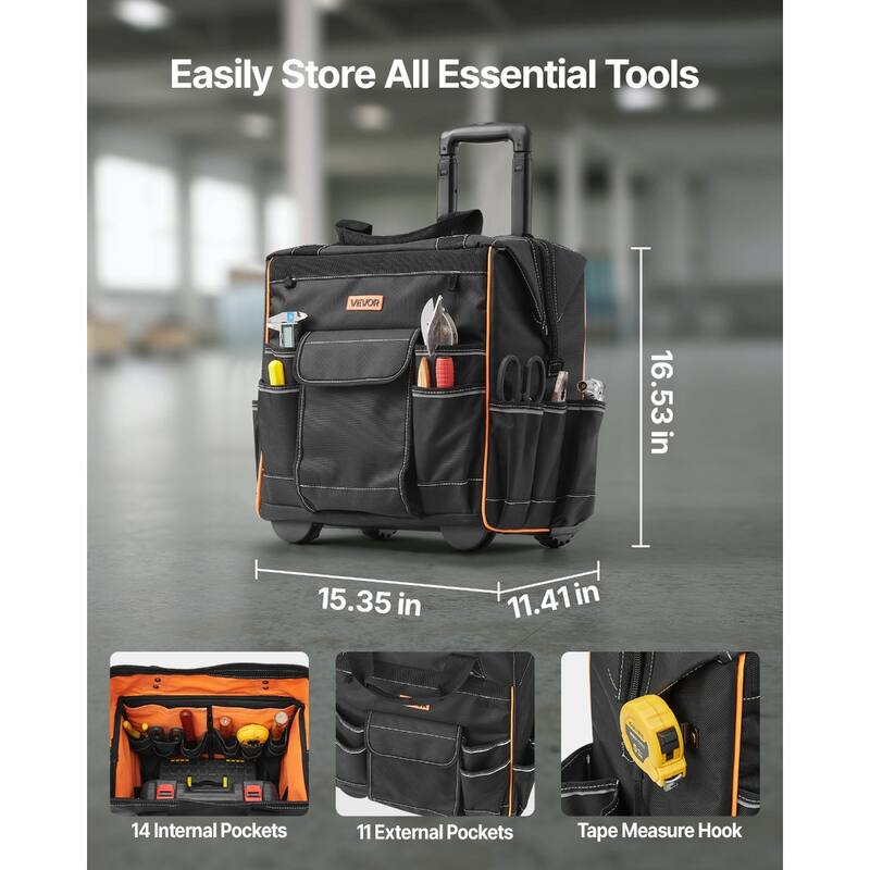 Heavy Duty Rolling Tool Bag with 25 Pockets for Tools and Gear - 15.35 x 11.41 x 16.53 in