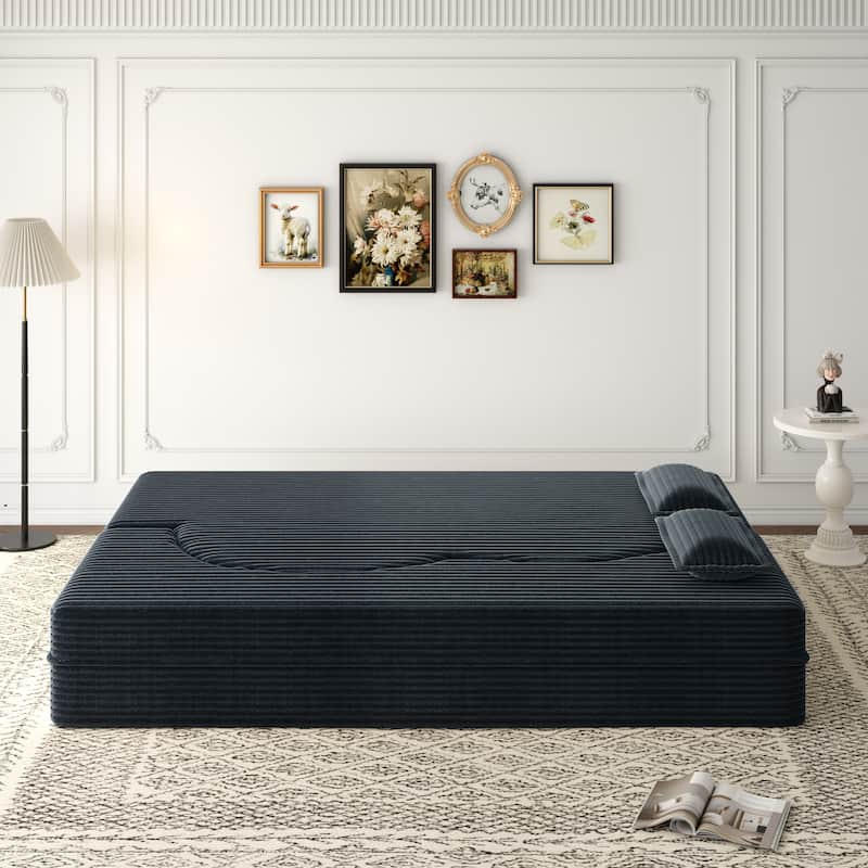Modern Floor Sofa with 2 Pillows,Convertible Plush Corduroy Foam-Filled Sleeper Sofa Bed,15" Full Size Folding Mattress