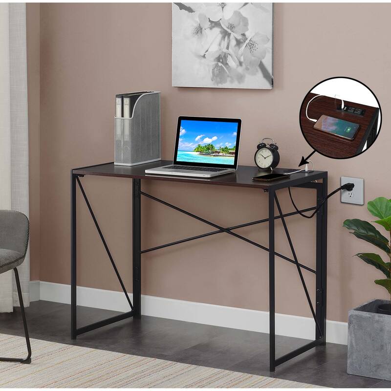 Convenience Concepts Xtra Folding Desk with 2 Outlets and 2 USB Ports - Espresso/Black