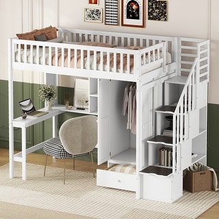 Twin Size Loft Bed with Storage Stairs, Desk and Wardrobe， Combination Wood Children's Bed Frame with Bookshelf, Drawers