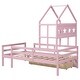 preview thumbnail 23 of 28, Kids Platform Bed House Bed Twin Size Wood Frame with House Roof Headboard, Safety Guardrail, Large Drawer, Star Pattern