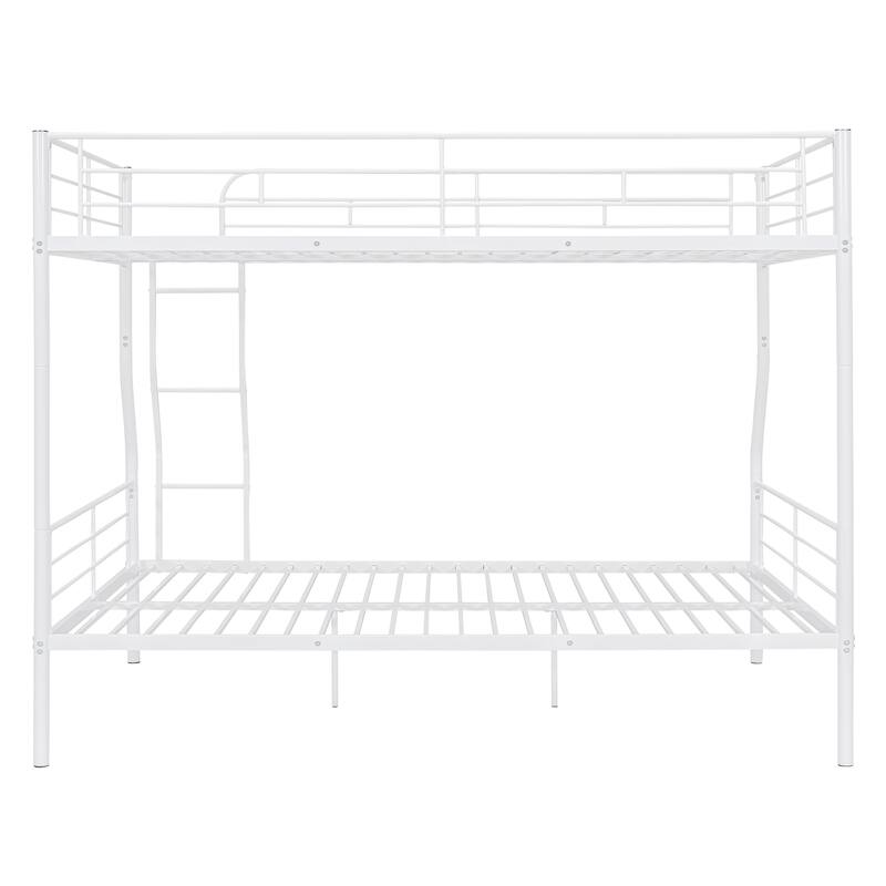 Full XL Over Queen Bunk Bed, Streamlined Iron Frame Platform Bed with Gridded Guardrails, Ladder, Split into 2 Individual Beds