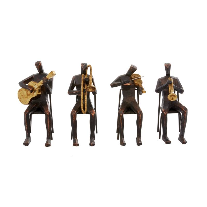 Brown Polystone Musician Decorative Sculpture with Gold Instruments (Set of 4)